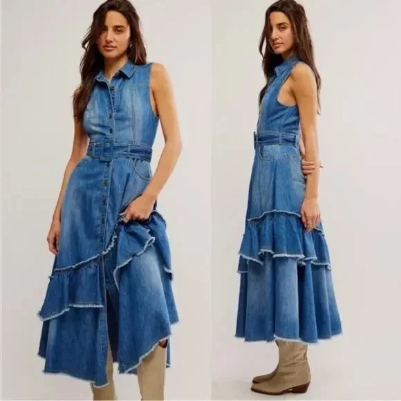 Free People Beau Midi Dress Cotton Denim sz S - Picture 1 of 8